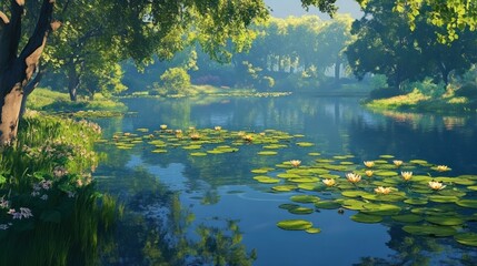 Poster - Serene lake scene with water lilies, lush greenery, and sunlight filtering through trees.