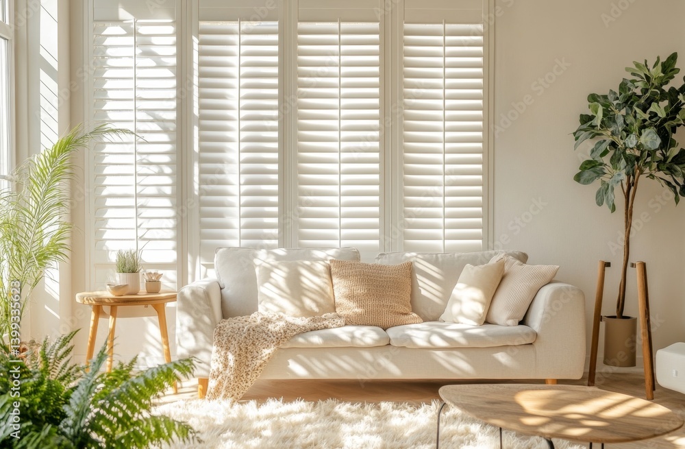 Bright, airy living room with natural light, beige couch, and plants ...