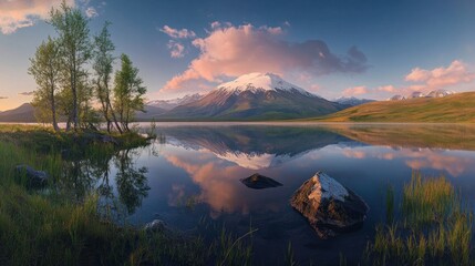 Poster - Serene sunrise over a mountain lake with perfect reflection, showcasing a snow-capped peak and tranquil landscape.
