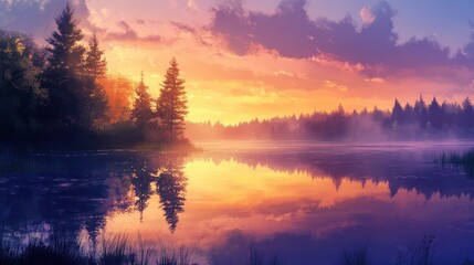 Aufkleber - Serene sunset over a misty lake reflected in still water, silhouetted trees.