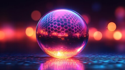 Aufkleber - Vibrant pink and purple sphere with hexagonal pattern, reflecting light on dark background.