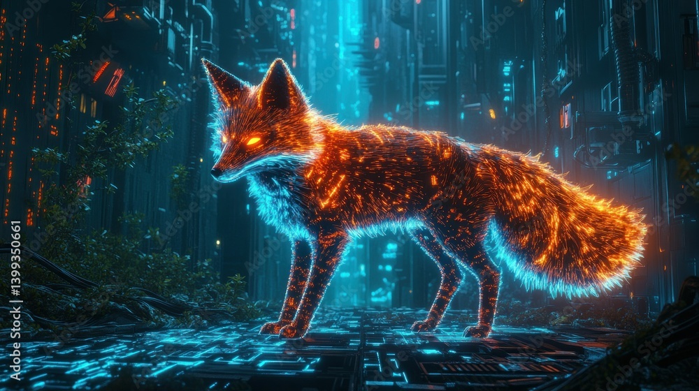 Futuristic neon fox with glowing digital fur, blending into the high ...