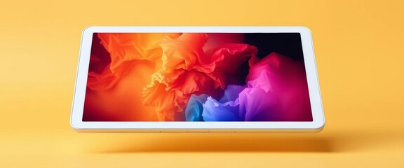 Wall Mural - white tablet screen levitates against a yellow pastel backdrop, magic, space