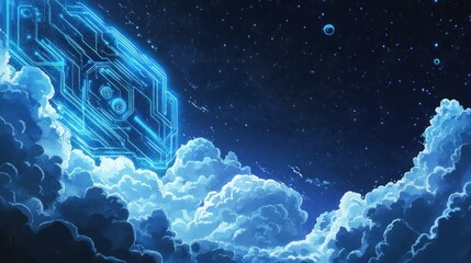 Wall Mural - a futuristic skyscape where the atmosphere is decorated with pulsating neon blue circuits. backgroun