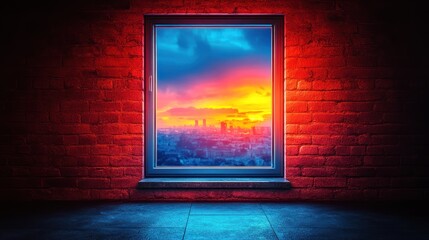Poster - Vibrant sunset cityscape viewed from a dark brick room window.