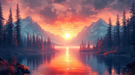 Poster - Vibrant sunset over a serene lake nestled between majestic mountains, reflecting the fiery hues of the sky.