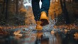 © John - A person in yellow rain boots splashes through a puddle on a fall day. The scene is filled with warm autumn colors and the joyful energy of a rainy day.