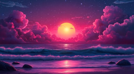 Aufkleber - Vibrant sunset over ocean waves and rocky beach at night, pink and purple clouds.
