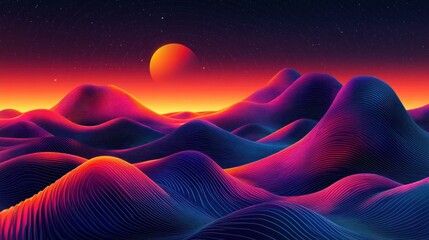 Poster - Vibrant sunset over surreal, glowing, striped hills and mountains under a starry night sky.