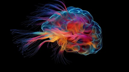 Aufkleber - An artistic rendering of a human brain with colorful, flowing neural pathways, illustrating complex cognitive processes and mental activity.
