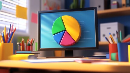 Fototapete - A close-up of a D pie chart on a computer screen, showcasing different colored segments with clear labels, surrounded by office supplies and data reports.