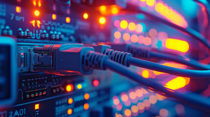 Electronic server, cables and digital network for corporate database, connection and cloud computing. Futuristic, hardware and programming for cybersecurity of online business for safety innovation