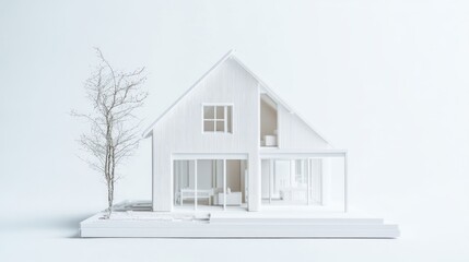 Aufkleber - White architectural model of a modern house with a tree.