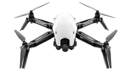 Poster - White drone with black arms and propellers, isolated on white background.