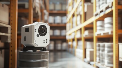 Aufkleber - White security camera sits on a barrel in a warehouse aisle.