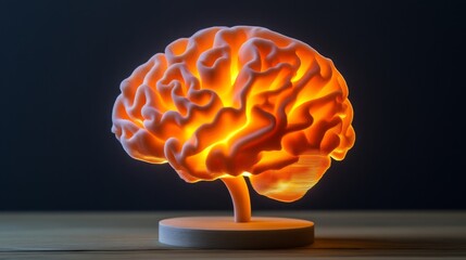Poster - A high-quality shot of a D printed brain model with realistic texture and detail, positioned on a stand and illuminated for a clear view of its structure.
