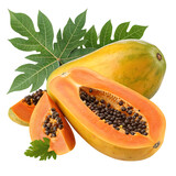 Ripe papaya fruit sliced in half on a white background showing juicy orange flesh and seeds