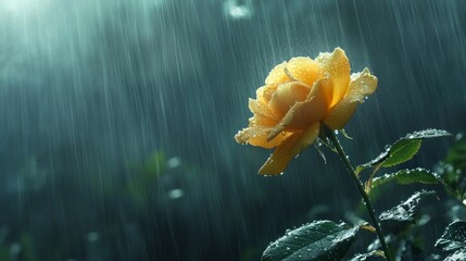 Aufkleber - A soft-focus image of a yellow rose in the rain, with water droplets collecting on the petals and leaves, creating a fresh and serene feeling.