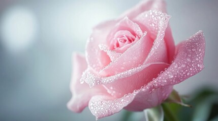 Poster - Close-up of a blooming pink rose with delicate petals, morning dew droplets glistening