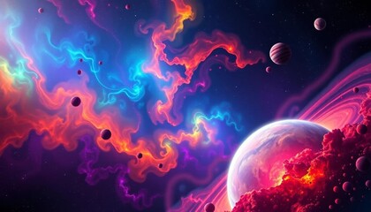 Wall Mural - vibrant nebula swirls around abstract, colorful planets floating in cosmic space, colorful planets, 