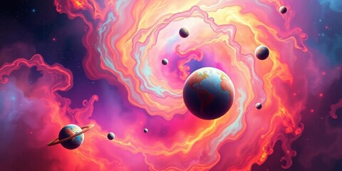Wall Mural - vibrant nebula swirls surround abstract, colorful planets floating in cosmic space, nebula clouds, s