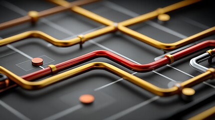 Abstract close-up of colorful pipes and connections on a dark surface representing modern technology and design