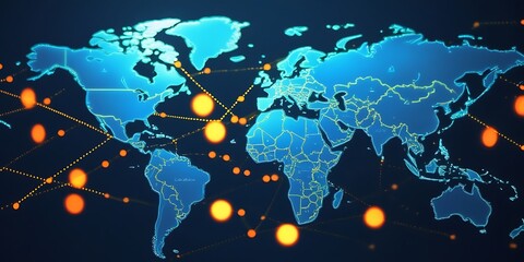 digital world map with glowing data points and connected lines, representing global communication, t