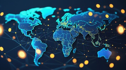 digital world map with glowing data points and connected lines, representing global communication, t