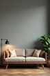 © suttavat - Low-slung sofa in walnut wood with geometric patterns, placed against grey wall, surrounded by vintage lamps and plants, minimalist furniture, natural materials