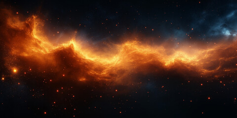 Wall Mural - abstract space nebula: fiery orange and gold cosmic clouds with scattered stars in a dark universe b
