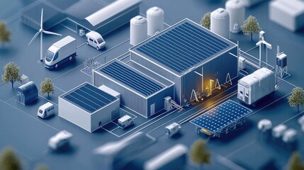 Poster - Isometric 3D render of sustainable energy infrastructure, electric vehicles, wind turbines, solar panel arrays in deep blue, charging stations with glowing elements, battery storage units.