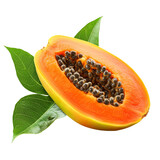 Half ripe papaya with vibrant orange flesh and green leaves on a clean transparent background, half ripe papaya with leaf isolated on transparent background