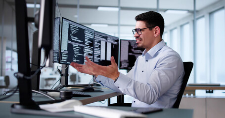 Poster - Unhappy Sad Developer Programmer Man In Stress Coding Software