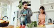 © peopleimages.com - Home, blender and couple with smoothie, vegetables and balance with gut health, smile and bonding together. Kitchen, people and man with woman, nutrition and wellness with detox, breakfast and diet