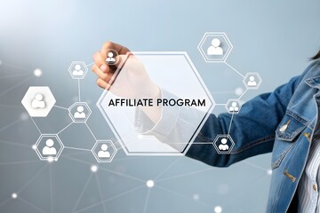 person using virtual touch screen push inscription: affiliate program. affiliate marketing program c
