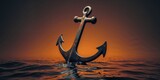 A moody and mysterious image of a pirate ship's anchor sinking into the dark ocean depths orange background.
