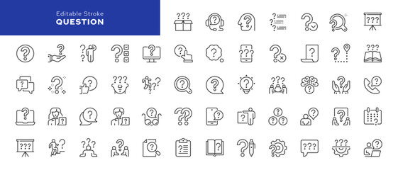 Aufkleber - Question line icon set. Problem, confusion, asking and questioning, question mark, survey and more. Outline vector icon in linear style. Series of pictograms.	