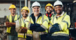 © peopleimages.com - Portrait, group and construction worker with arms crossed, smile and men with helmet, safety and team. Business, employees and happy for collaboration in building, proud or people with project in USA