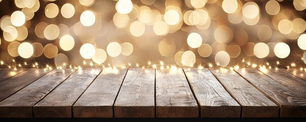 Wall Mural - Festive wooden table adorned with Christmas lights.