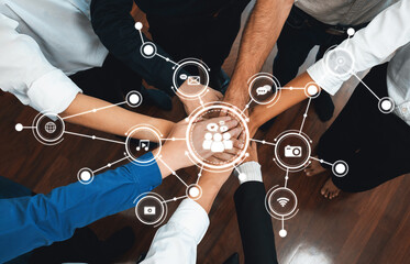 Aufkleber - A dynamic composition of diverse hands coming together overlaid with digital communication icons, symbolizing collaboration and media interaction in a professional setting. Amity