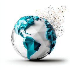 Fototapete - Global Digital Transformation: A Low Poly Earth Dissolving into Networked Data, Representing Global Connectivity