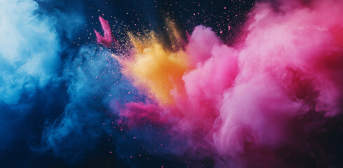 colored powder exploding on a black background, forming a dynamic abstract pattern.，launched colorfu