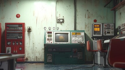 Retro futuristic control room interior.