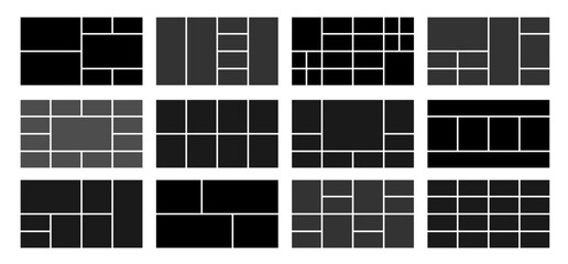 Fototapete - Creative layout grid templates collection. Black web UI UX design set. Pictures or photos frame horizontal collage.
