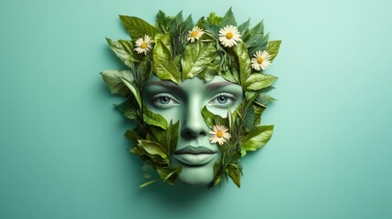 Poster - Face blending with leaves and flowers creates an organic masterpiece of natures beauty and artistry in harmony with green tones