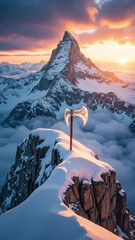 Aufkleber - Majestic Mountain Sunrise with Ice Axe on Snowy Peak Illuminated by Warm Golden Light over Jagged Snow-Covered Mountains