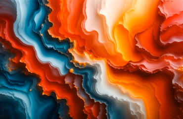 Poster - Abstract artwork featuring vibrant, swirling colors.  Deep blues and teal transition into fiery oranges and reds, creating a dynamic, layered effect reminiscent of flowing liquid or a geological forma