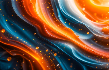 Fototapete - Abstract swirling liquid art in vibrant orange, blue, and white hues.  Glowing spheres and particles add depth to the dynamic, flowing composition.