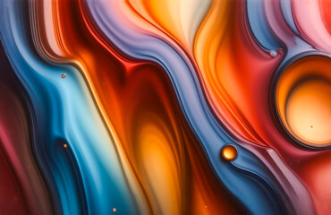 Aufkleber - Fluid acrylic paint swirls in vibrant hues of red, orange, blue, and yellow, creating an abstract, mesmerizing pattern with subtle bubbles.