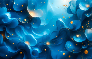 Leinwandbilder - Abstract image of swirling blue and gold forms.  Golden spheres are scattered amongst the flowing, luminous blue shapes, creating a dreamy, ethereal effect.